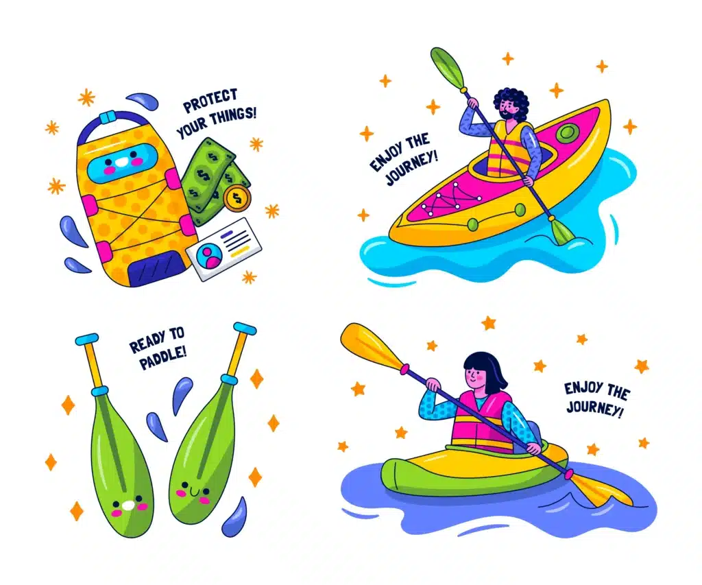 Four stylized illustrations of kayaking: a person in a kayak, a kayak with a backpack and money, kayaking paddles, and a woman in a kayak.