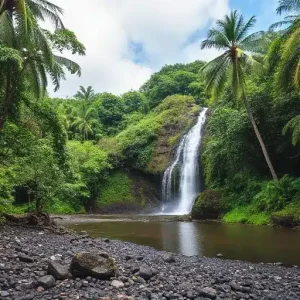 lush waterfall cascading into a tranquil pool surrounded by dense tropical foliage.